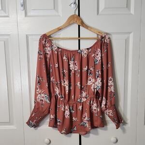 Rue 21 Womens Dusty Rose Floral Blouse Size LG Peplum On/Off Shoulder Cottage